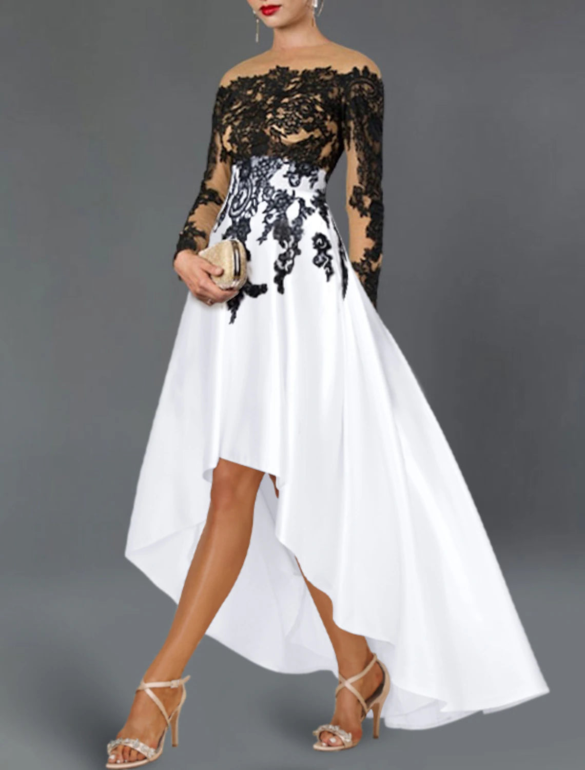 Wholesale A-Line Cocktail Dresses Elegant Dress Wedding Party Semi Formal Asymmetrical 3/4 Length Sleeve Off Shoulder Fall Wedding Guest Satin with Beading Embroidery Appliques